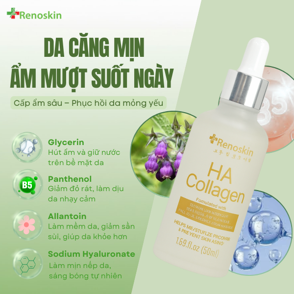 Thành phần Hyaluronic Acid và Collagen trong serum Renoskin giúp da căng mịn, đàn hồi